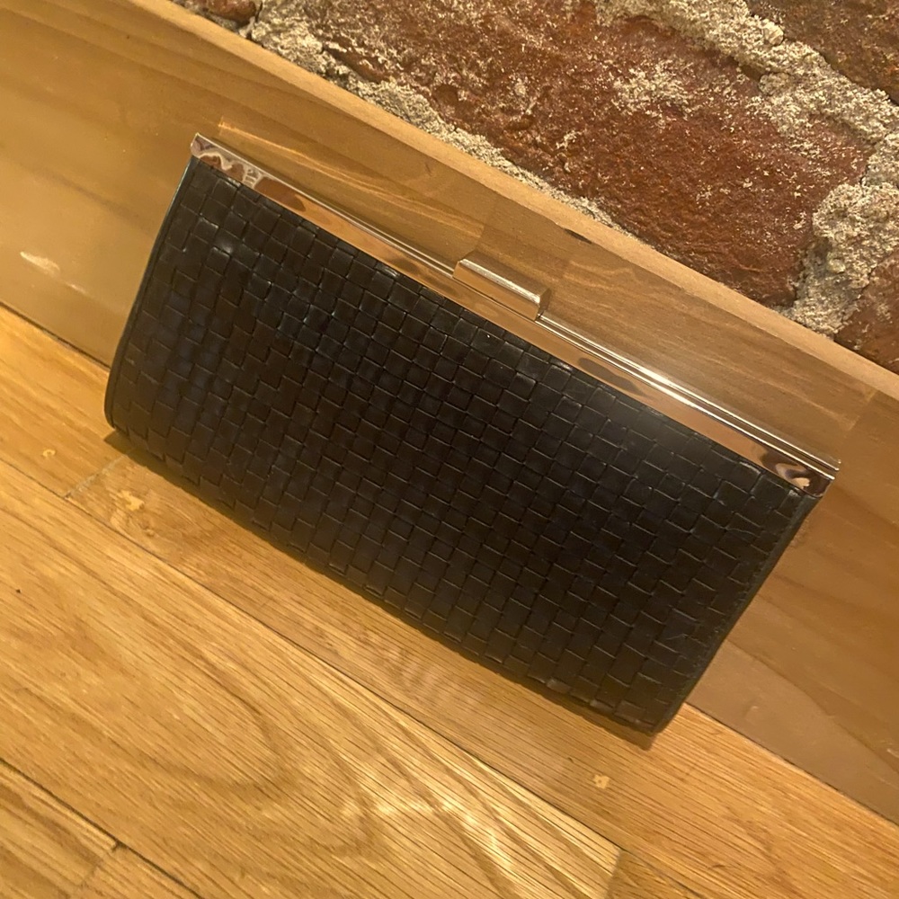 Steve Madden Black woven leather clutch w/ silver top opening & clasp